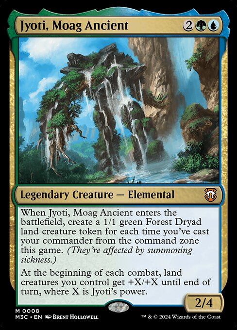 When Jyoti, Moag Ancient enters, create a 1/1 green Forest Dryad land creature token for each time you've cast your commander from the command zone this game. (They're affected by summoning sickness.)
At the beginning of each combat, land creatures you control get +X/+X until end of turn, where X is Jyoti's power.