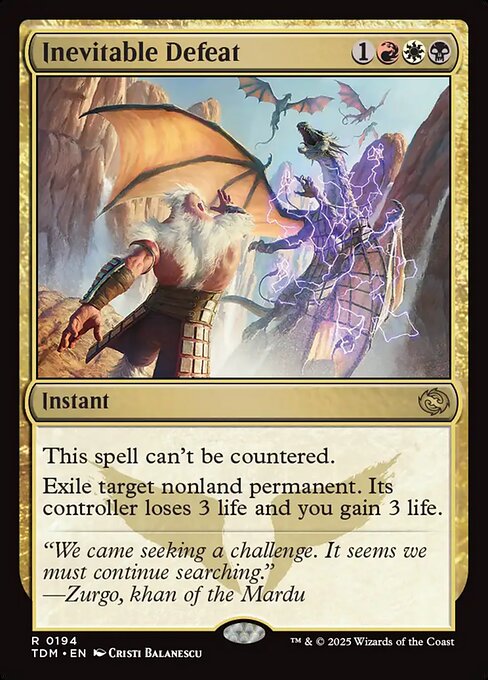 This spell can't be countered.
Exile target nonland permanent. Its controller loses 3 life and you gain 3 life.