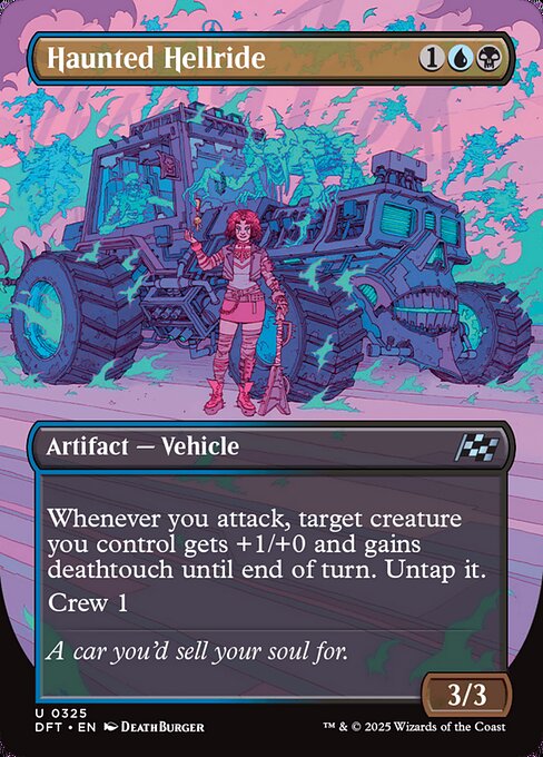 Whenever you attack, target creature you control gets +1/+0 and gains deathtouch until end of turn. Untap it.
Crew 1 (Tap any number of creatures you control with total power 1 or more: This Vehicle becomes an artifact creature until end of turn.)