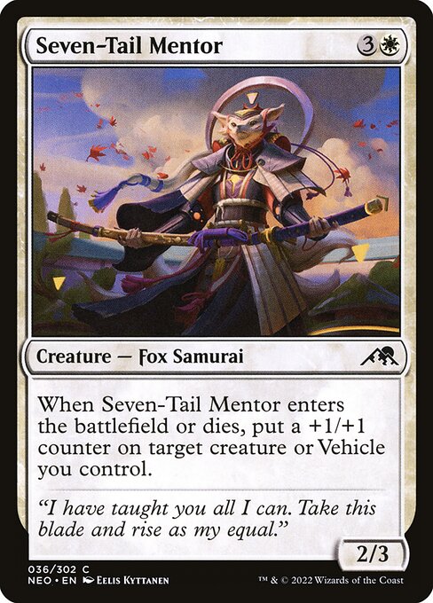 When Seven-Tail Mentor enters the battlefield or dies, put a +1/+1 counter on target creature or Vehicle you control.