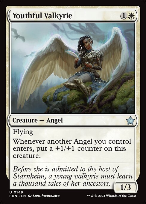 Flying
Whenever another Angel you control enters, put a +1/+1 counter on Youthful Valkyrie.