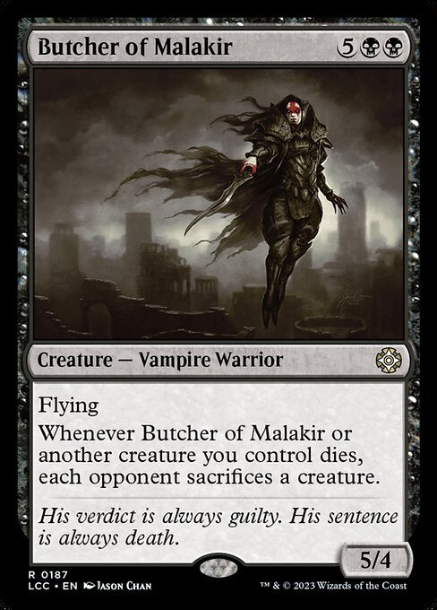 Flying
Whenever this creature or another creature you control dies, each opponent sacrifices a creature of their choice.