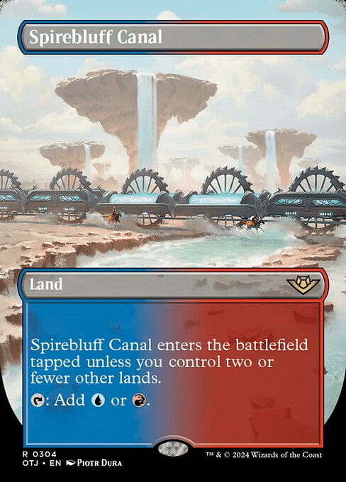 Spirebluff Canal enters the battlefield tapped unless you control two or fewer other lands.
{T}: Add {U} or {R}.