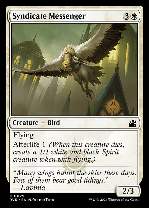 Flying
Afterlife 1 (When this creature dies, create a 1/1 white and black Spirit creature token with flying.)