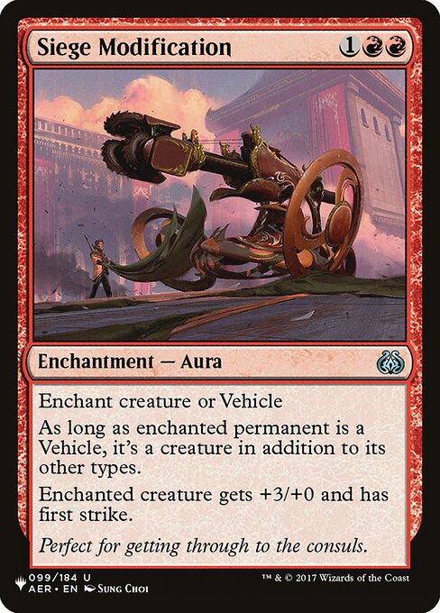 Enchant creature or Vehicle
As long as enchanted permanent is a Vehicle, it's a creature in addition to its other types.
Enchanted creature gets +3/+0 and has first strike.