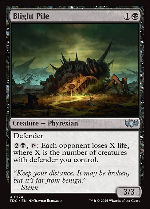 Defender
{2}{B}, {T}: Each opponent loses X life, where X is the number of creatures with defender you control.