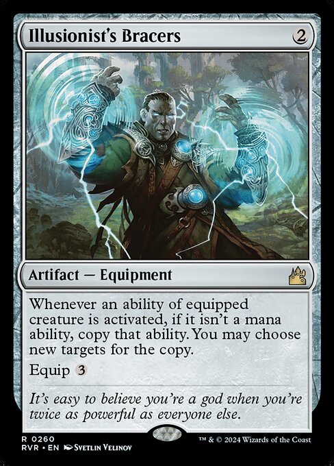 Whenever an ability of equipped creature is activated, if it isn't a mana ability, copy that ability. You may choose new targets for the copy.
Equip {3}