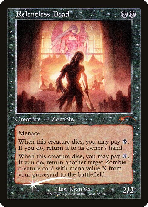 Menace (This creature can't be blocked except by two or more creatures.)
When this creature dies, you may pay {B}. If you do, return it to its owner's hand.
When this creature dies, you may pay {X}. If you do, return another target Zombie creature card with mana value X from your graveyard to the battlefield.
