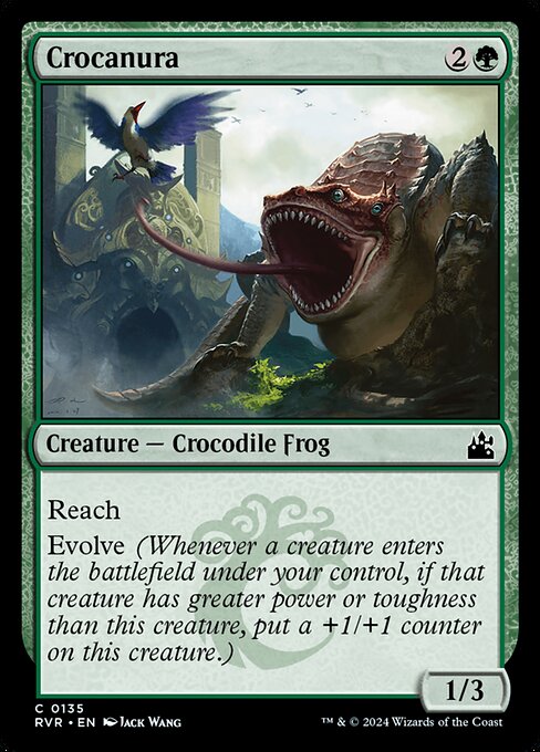 Reach (This creature can block creatures with flying.)
Evolve (Whenever a creature enters the battlefield under your control, if that creature has greater power or toughness than this creature, put a +1/+1 counter on this creature.)