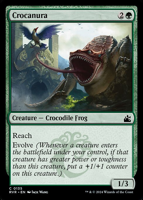 Reach (This creature can block creatures with flying.)
Evolve (Whenever a creature you control enters, if that creature has greater power or toughness than this creature, put a +1/+1 counter on this creature.)