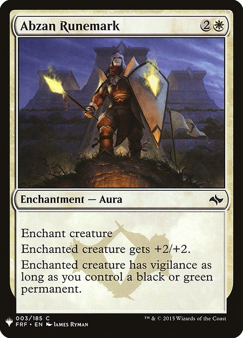 Enchant creature
Enchanted creature gets +2/+2.
Enchanted creature has vigilance as long as you control a black or green permanent.