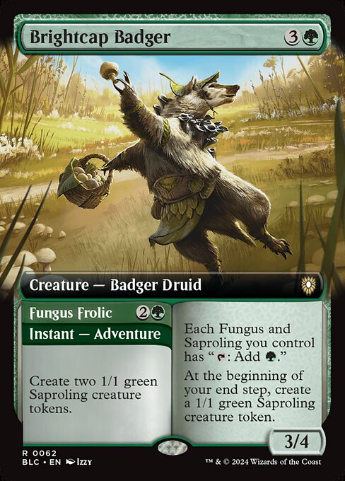 Each Fungus and Saproling you control has "{T}: Add {G}."
At the beginning of your end step, create a 1/1 green Saproling creature token.   Create two 1/1 green Saproling creature tokens. (Then exile this card. You may cast the creature later from exile.)