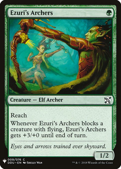 Reach (This creature can block creatures with flying.)
Whenever Ezuri's Archers blocks a creature with flying, Ezuri's Archers gets +3/+0 until end of turn.