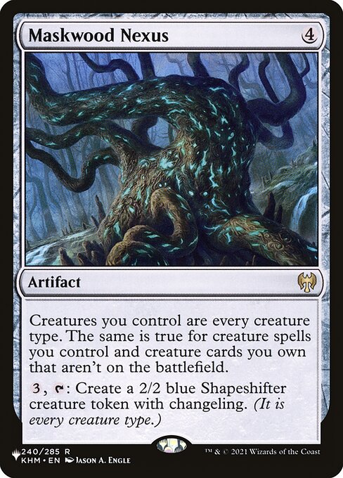 Creatures you control are every creature type. The same is true for creature spells you control and creature cards you own that aren't on the battlefield.
{3}, {T}: Create a 2/2 blue Shapeshifter creature token with changeling. (It is every creature type.)