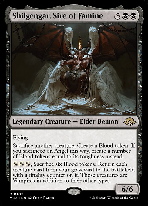 Flying
Sacrifice another creature: Create a Blood token. If you sacrificed an Angel this way, create a number of Blood tokens equal to its toughness instead.
{W/B}{W/B}{W/B}, Sacrifice six Blood tokens: Return each creature card from your graveyard to the battlefield with a finality counter on it. Those creatures are Vampires in addition to their other types.