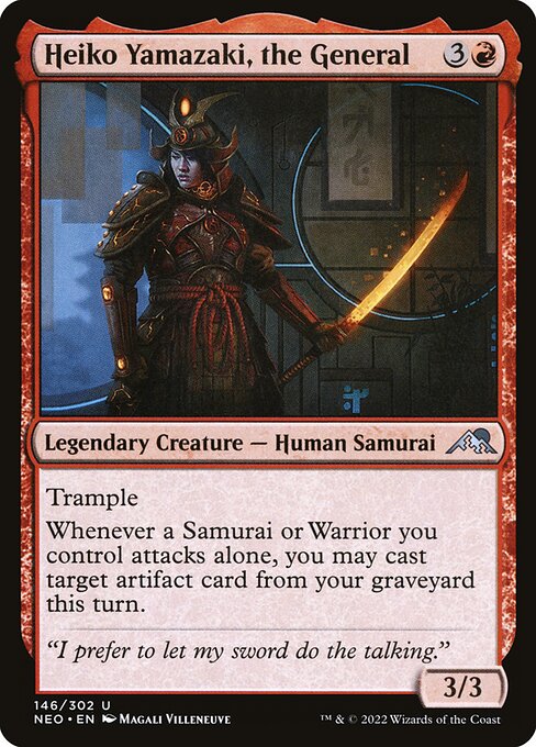 Trample
Whenever a Samurai or Warrior you control attacks alone, you may cast target artifact card from your graveyard this turn.