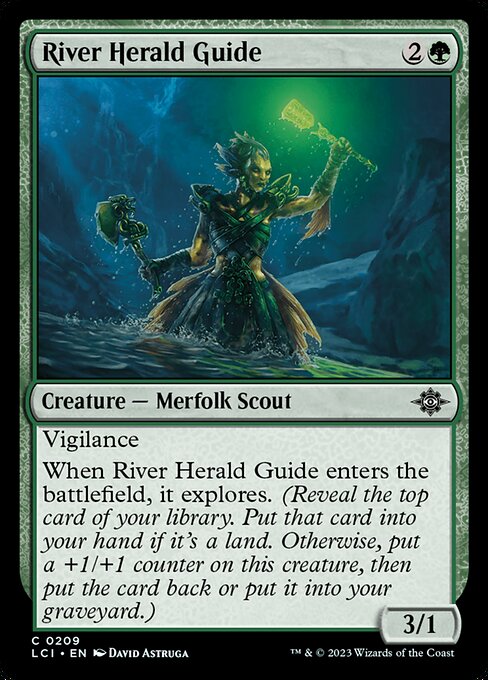 Vigilance
When River Herald Guide enters the battlefield, it explores. (Reveal the top card of your library. Put that card into your hand if it's a land. Otherwise, put a +1/+1 counter on this creature, then put the card back or put it into your graveyard.)