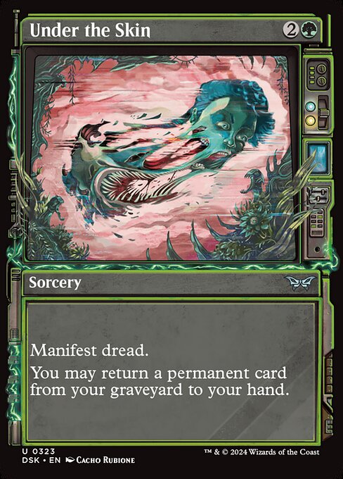 Manifest dread. (Look at the top two cards of your library. Put one onto the battlefield face down as a 2/2 creature and the other into your graveyard. Turn it face up any time for its mana cost if it's a creature card.)
You may return a permanent card from your graveyard to your hand.