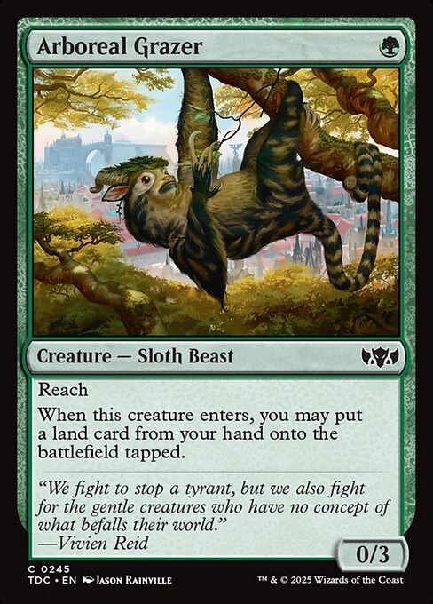 Reach
When this creature enters, you may put a land card from your hand onto the battlefield tapped.