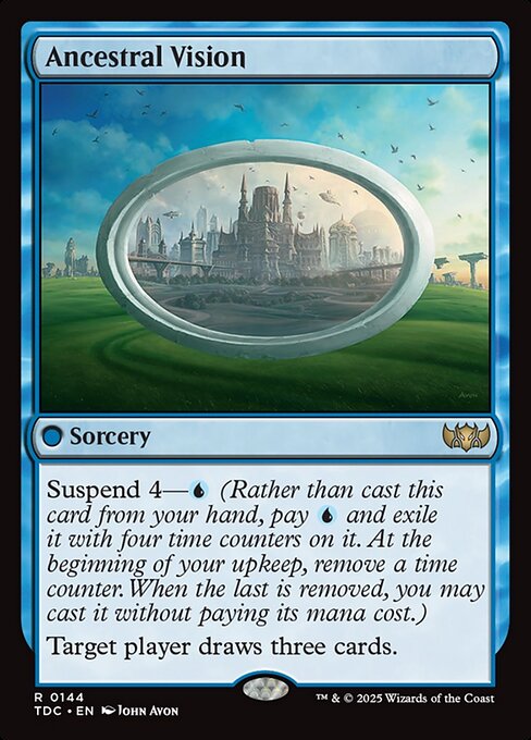 Suspend 4—{U} (Rather than cast this card from your hand, pay {U} and exile it with four time counters on it. At the beginning of your upkeep, remove a time counter. When the last is removed, you may cast it without paying its mana cost.)
Target player draws three cards.