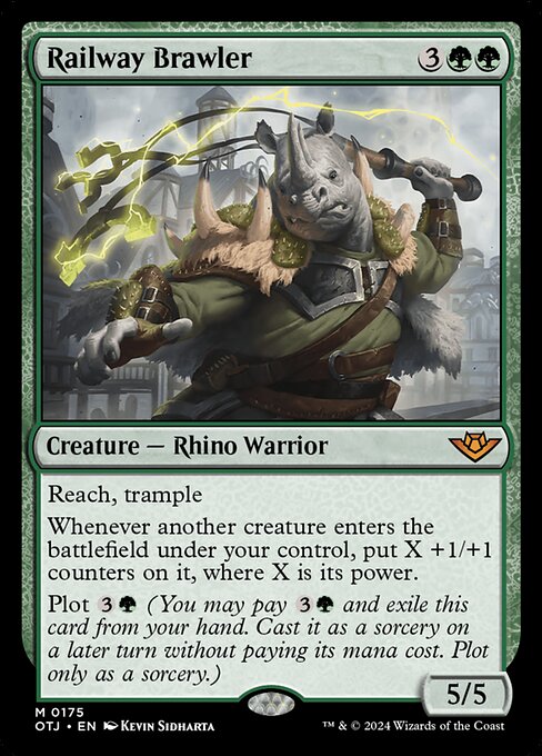 Reach, trample
Whenever another creature enters the battlefield under your control, put X +1/+1 counters on it, where X is its power.
Plot {3}{G} (You may pay {3}{G} and exile this card from your hand. Cast it as a sorcery on a later turn without paying its mana cost. Plot only as a sorcery.)