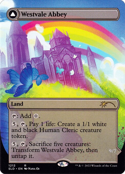 {T}: Add {C}.
{5}, {T}, Pay 1 life: Create a 1/1 white and black Human Cleric creature token.
{5}, {T}, Sacrifice five creatures: Transform this land, then untap it.   Flying, lifelink, indestructible, haste