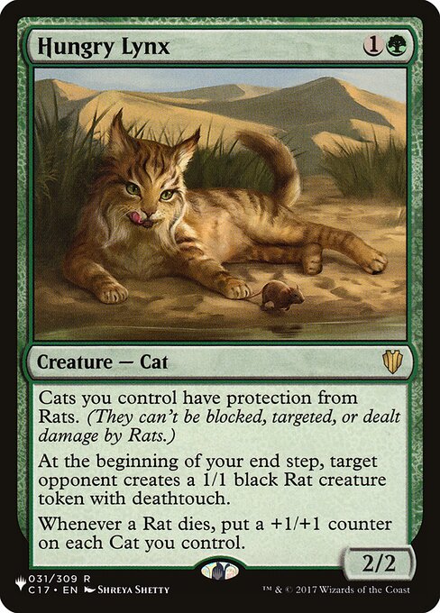 Cats you control have protection from Rats. (They can't be blocked, targeted, or dealt damage by Rats.)
At the beginning of your end step, target opponent creates a 1/1 black Rat creature token with deathtouch.
Whenever a Rat dies, put a +1/+1 counter on each Cat you control.
