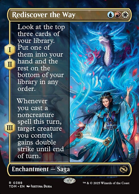 (As this Saga enters and after your draw step, add a lore counter. Sacrifice after III.)
I, II — Look at the top three cards of your library. Put one of them into your hand and the rest on the bottom of your library in any order.
III — Whenever you cast a noncreature spell this turn, target creature you control gains double strike until end of turn.