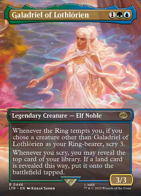 Whenever the Ring tempts you, if you chose a creature other than Galadriel of Lothlórien as your Ring-bearer, scry 3.
Whenever you scry, you may reveal the top card of your library. If a land card is revealed this way, put it onto the battlefield tapped.