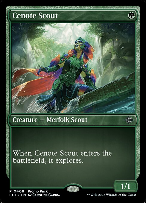 When Cenote Scout enters the battlefield, it explores. (Reveal the top card of your library. Put that card into your hand if it's a land. Otherwise, put a +1/+1 counter on this creature, then put the card back or put it into your graveyard.)