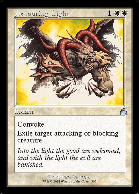Convoke (Your creatures can help cast this spell. Each creature you tap while casting this spell pays for {1} or one mana of that creature's color.)
Exile target attacking or blocking creature.