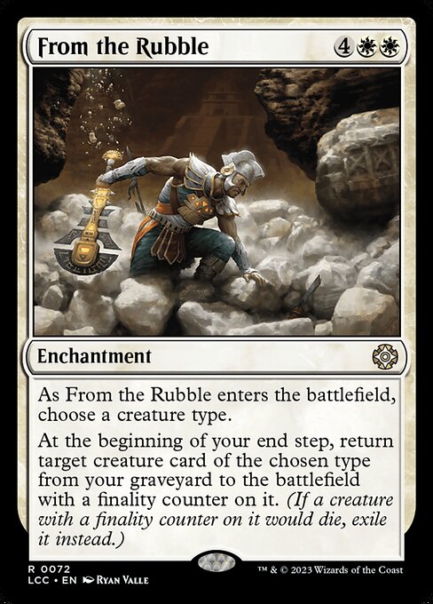 As this enchantment enters, choose a creature type.
At the beginning of your end step, return target creature card of the chosen type from your graveyard to the battlefield with a finality counter on it. (If a creature with a finality counter on it would die, exile it instead.)