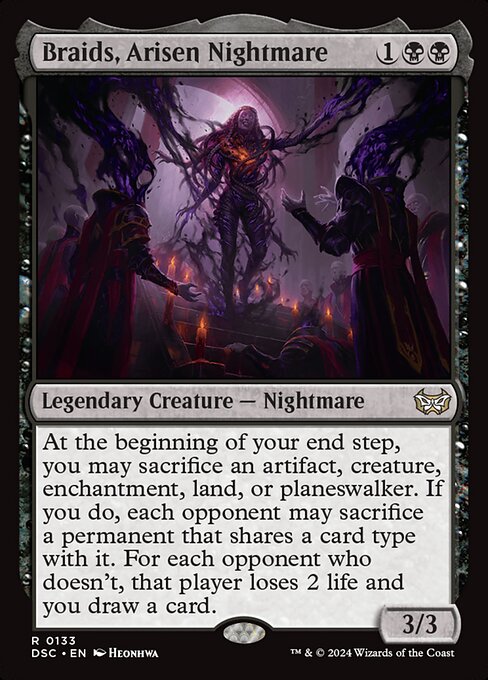 At the beginning of your end step, you may sacrifice an artifact, creature, enchantment, land, or planeswalker. If you do, each opponent may sacrifice a permanent that shares a card type with it. For each opponent who doesn't, that player loses 2 life and you draw a card.