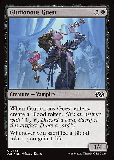 When Gluttonous Guest enters, create a Blood token. (It's an artifact with "{1}, {T}, Discard a card, Sacrifice this artifact: Draw a card.")
Whenever you sacrifice a Blood token, you gain 1 life.