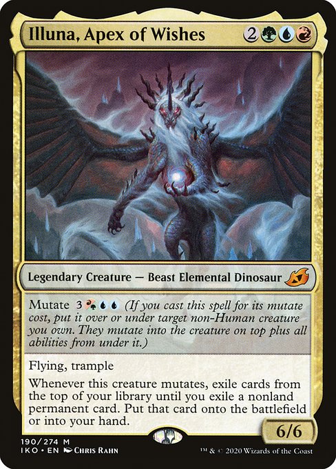 Mutate {3}{R/G}{U}{U} (If you cast this spell for its mutate cost, put it over or under target non-Human creature you own. They mutate into the creature on top plus all abilities from under it.)
Flying, trample
Whenever this creature mutates, exile cards from the top of your library until you exile a nonland permanent card. Put that card onto the battlefield or into your hand.