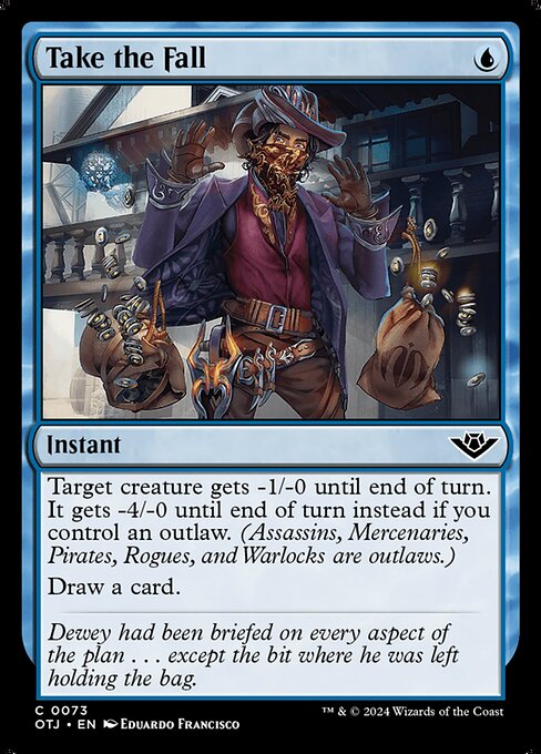 Target creature gets -1/-0 until end of turn. It gets -4/-0 until end of turn instead if you control an outlaw. (Assassins, Mercenaries, Pirates, Rogues, and Warlocks are outlaws.)
Draw a card.