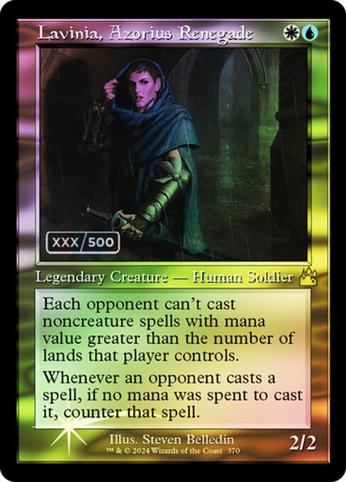 Each opponent can't cast noncreature spells with mana value greater than the number of lands that player controls.
Whenever an opponent casts a spell, if no mana was spent to cast it, counter that spell.