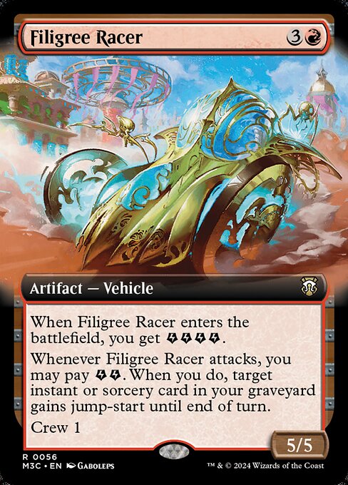 When Filigree Racer enters, you get {E}{E}{E}{E} (four energy counters).
Whenever Filigree Racer attacks, you may pay {E}{E}. When you do, target instant or sorcery card in your graveyard gains jump-start until end of turn. (You may cast that card from your graveyard by discarding a card in addition to paying its other costs. Then exile it.)
Crew 1