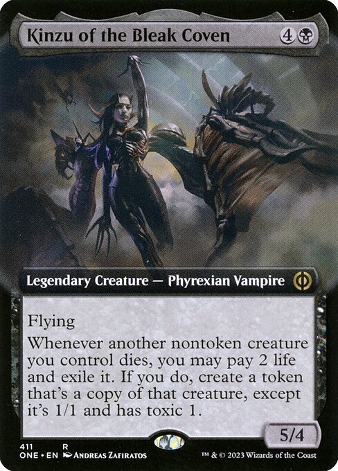 Flying
Whenever another nontoken creature you control dies, you may pay 2 life and exile it. If you do, create a token that's a copy of that creature, except it's 1/1 and has toxic 1. (Players dealt combat damage by it also get a poison counter.)