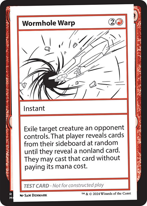 Exile target creature an opponent controls. That player reveals cards from their sideboard at random until they reveal a nonland card. They may cast that card without paying its mana cost.