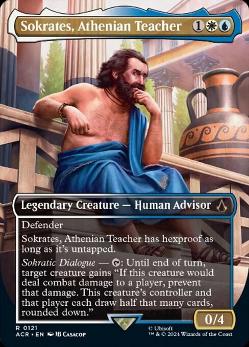 Defender
Sokrates, Athenian Teacher has hexproof as long as it's untapped.
Sokratic Dialogue — {T}: Until end of turn, target creature gains "If this creature would deal combat damage to a player, prevent that damage. This creature's controller and that player each draw half that many cards, rounded down."