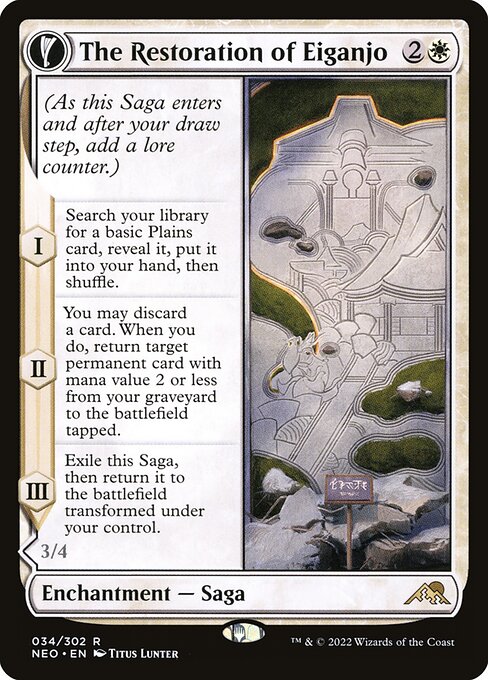 (As this Saga enters and after your draw step, add a lore counter.)
I — Search your library for a basic Plains card, reveal it, put it into your hand, then shuffle.
II — You may discard a card. When you do, return target permanent card with mana value 2 or less from your graveyard to the battlefield tapped.
III — Exile this Saga, then return it to the battlefield transformed under your control.   Vigilance
Whenever Architect of Restoration attacks or blocks, create a 1/1 colorless Spirit creature token.