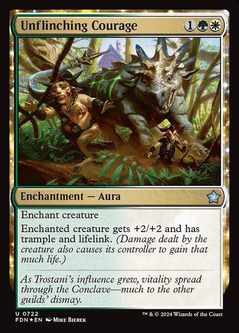 Enchant creature
Enchanted creature gets +2/+2 and has trample and lifelink. (Damage dealt by the creature also causes its controller to gain that much life.)