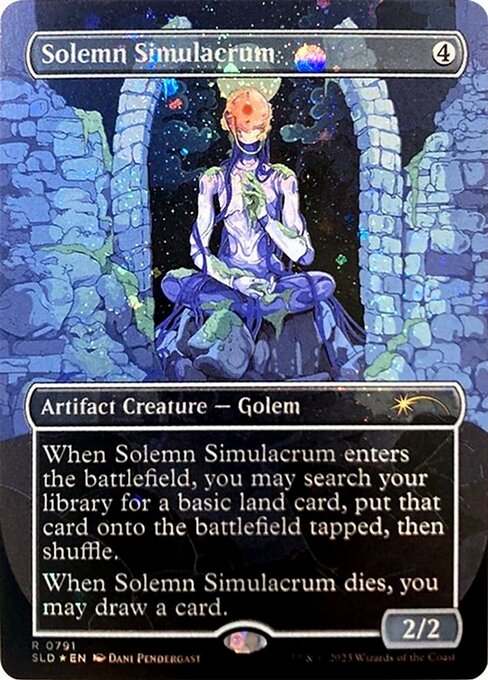 When Solemn Simulacrum enters the battlefield, you may search your library for a basic land card, put that card onto the battlefield tapped, then shuffle.
When Solemn Simulacrum dies, you may draw a card.