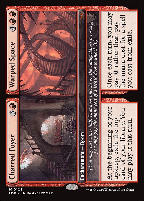 At the beginning of your upkeep, exile the top card of your library. You may play it this turn.
(You may cast either half. That door unlocks on the battlefield. As a sorcery, you may pay the mana cost of a locked door to unlock it.)   Once each turn, you may pay {0} rather than pay the mana cost for a spell you cast from exile.
(You may cast either half. That door unlocks on the battlefield. As a sorcery, you may pay the mana cost of a locked door to unlock it.)