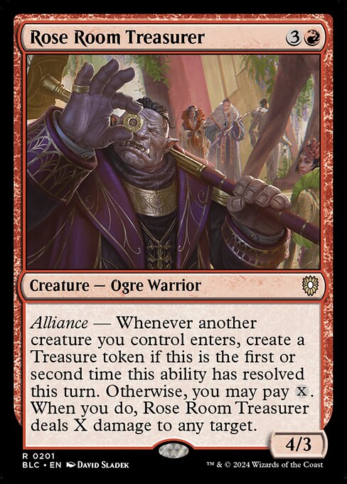 Alliance — Whenever another creature enters the battlefield under your control, create a Treasure token if this is the first or second time this ability has resolved this turn. Otherwise, you may pay {X}. When you do, Rose Room Treasurer deals X damage to any target.