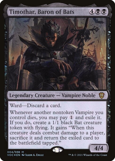 Ward—Discard a card.
Whenever another nontoken Vampire you control dies, you may pay {1} and exile it. If you do, create a 1/1 black Bat creature token with flying. It gains "When this creature deals combat damage to a player, sacrifice it and return the exiled card to the battlefield tapped."