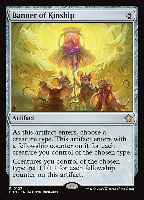 As this artifact enters, choose a creature type. This artifact enters with a fellowship counter on it for each creature you control of the chosen type.
Creatures you control of the chosen type get +1/+1 for each fellowship counter on this artifact.