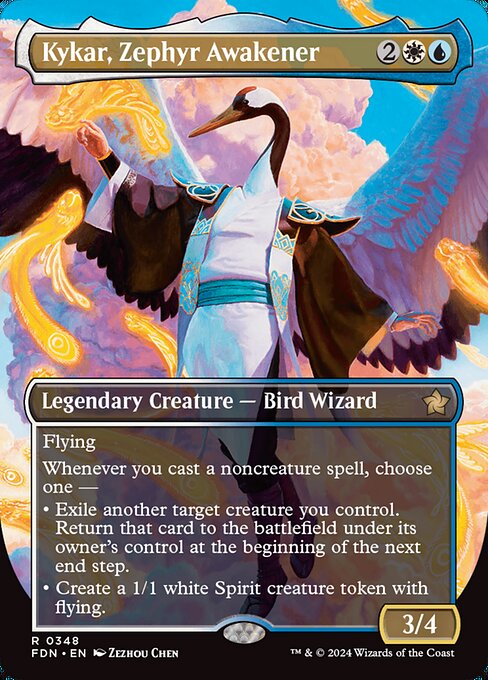 Flying
Whenever you cast a noncreature spell, choose one —
• Exile another target creature you control. Return that card to the battlefield under its owner's control at the beginning of the next end step.
• Create a 1/1 white Spirit creature token with flying.