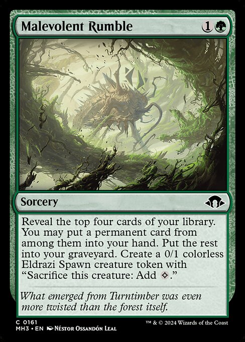 Reveal the top four cards of your library. You may put a permanent card from among them into your hand. Put the rest into your graveyard. Create a 0/1 colorless Eldrazi Spawn creature token with "Sacrifice this creature: Add {C}."